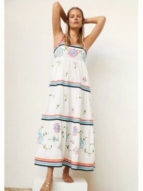 Anthropologie White Floral Maxi Dress with Pink and Blue Accents